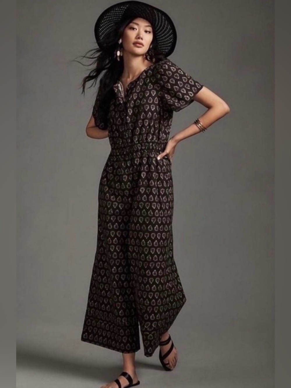 Anthropologie The Somerset Jumpsuit Women's Medium NWT Wide Leg Boho Black Motif